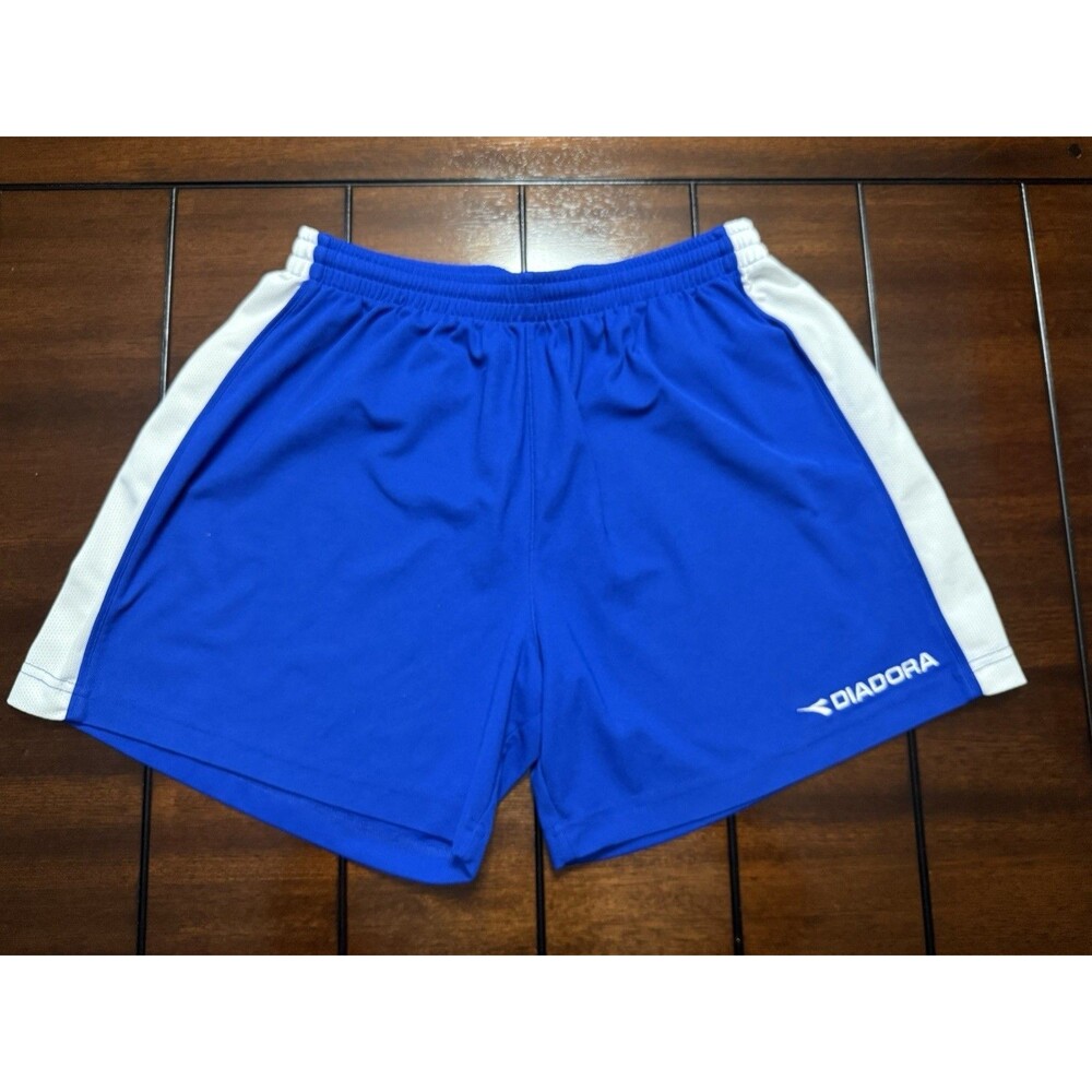 🔥Vintage Diadora Soccer Shorts Mens M Blue Vtg Shiny 90's Y2K Spellout Stitch